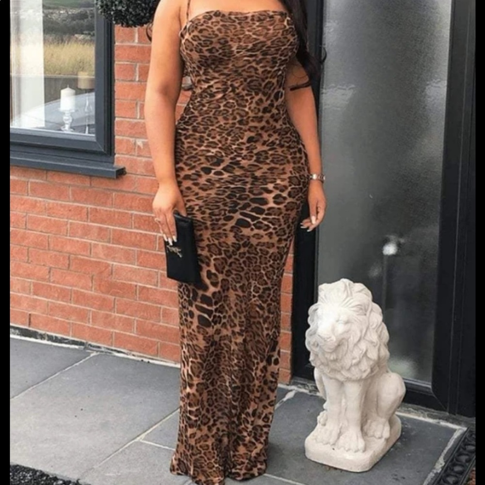 SHEER LEOPARD MAXI W COWL NECK & LOW BACK W ZIPPER